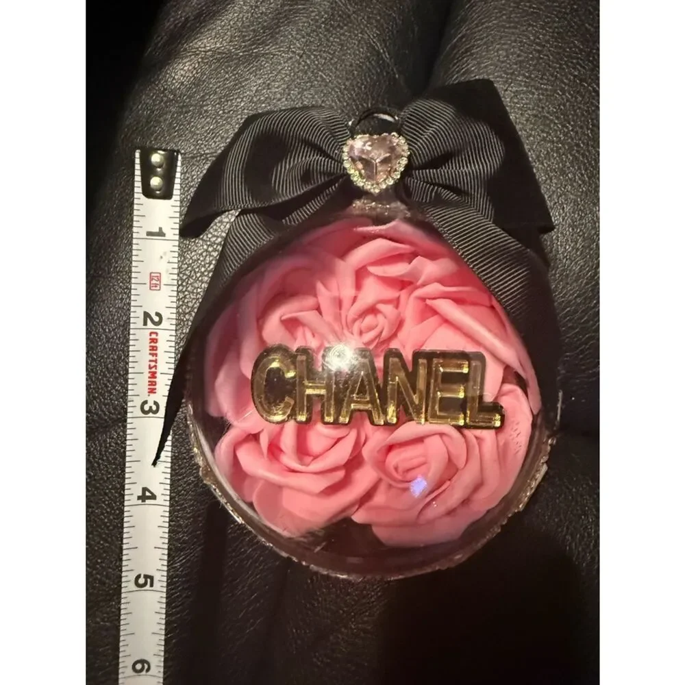 Luxury Pink Rose Ornament 4in Black Bow Gold Rhinestone Glam Chic Gift Decor